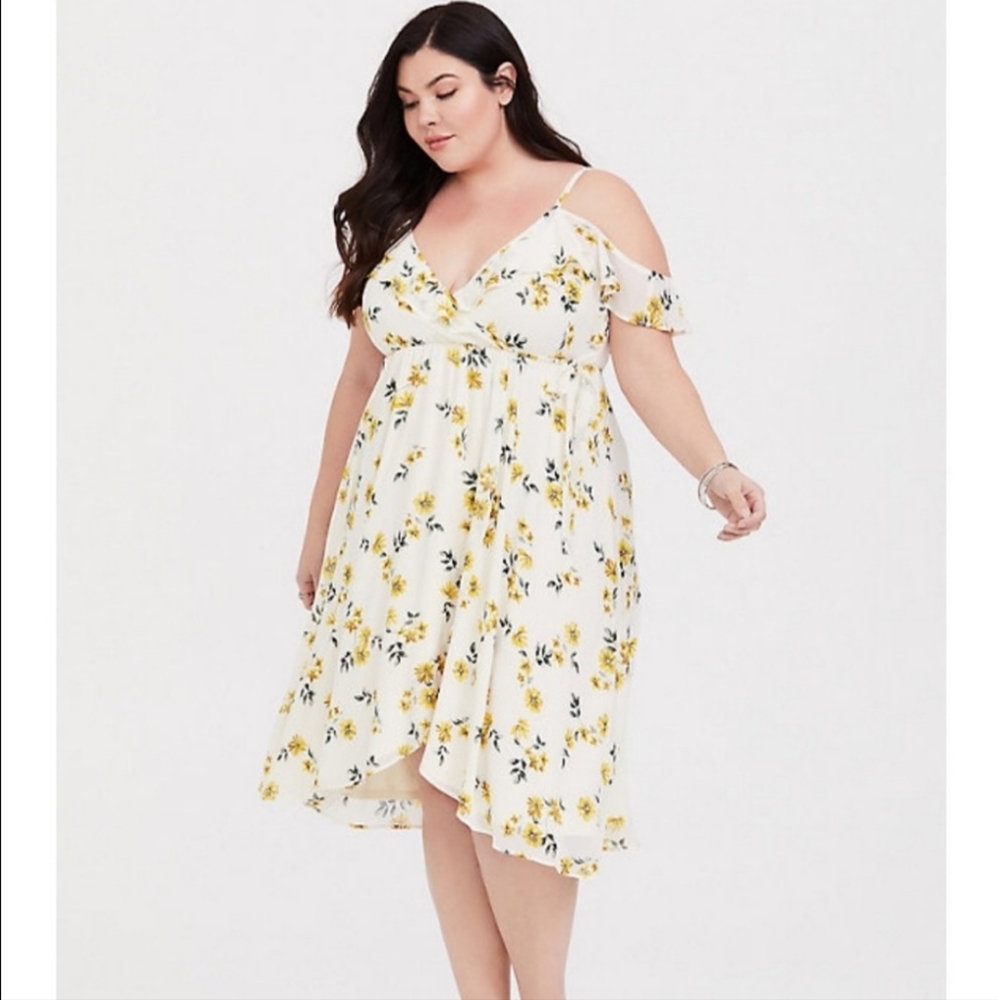 Torrid Ivory Floral chiffon wrap dress cold shoulder off shoulder flutter sleeve